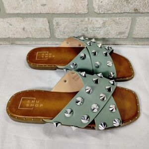 ShuShop Green and Silver Studded Spiked Sandals Sz 6.5 Poolside Glam Edgy Chic